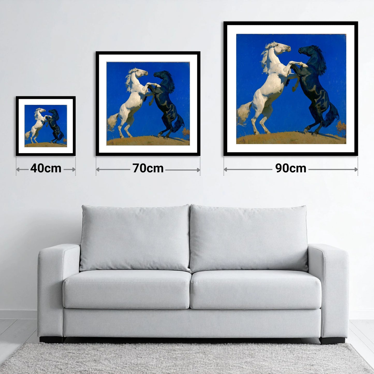 Cobalt Sky Stallions - size guide showing 40cm, 70cm and 90cm art prints