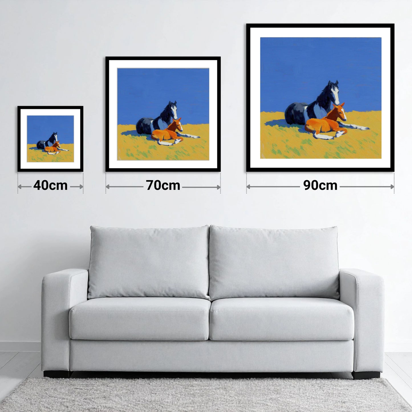 Sun-Drenched Bond - size guide showing 40cm, 70cm and 90cm art prints