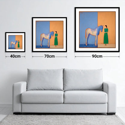 The Silent Bond - size guide showing 40cm, 70cm and 90cm art prints