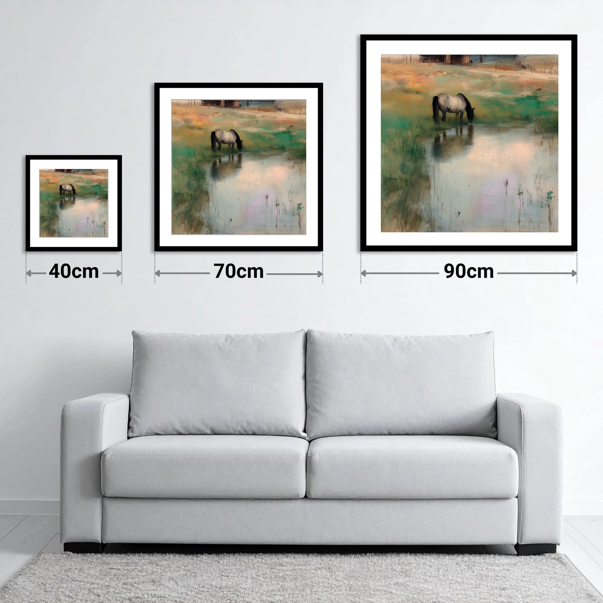 Tranquil Reflections - size guide showing 40cm, 70cm and 90cm art prints