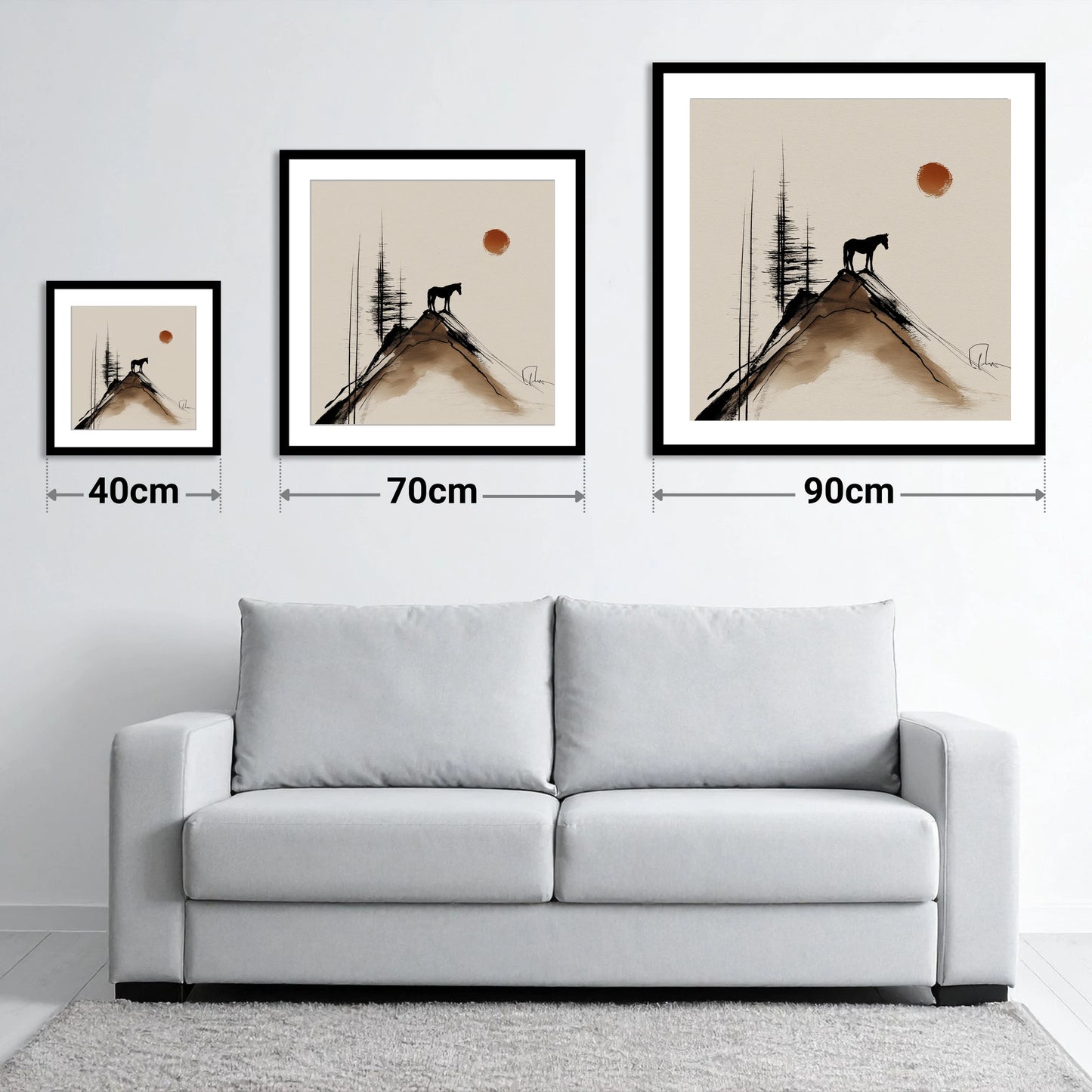 The Mountain Sentinel - size guide showing 40cm, 70cm and 90cm art prints