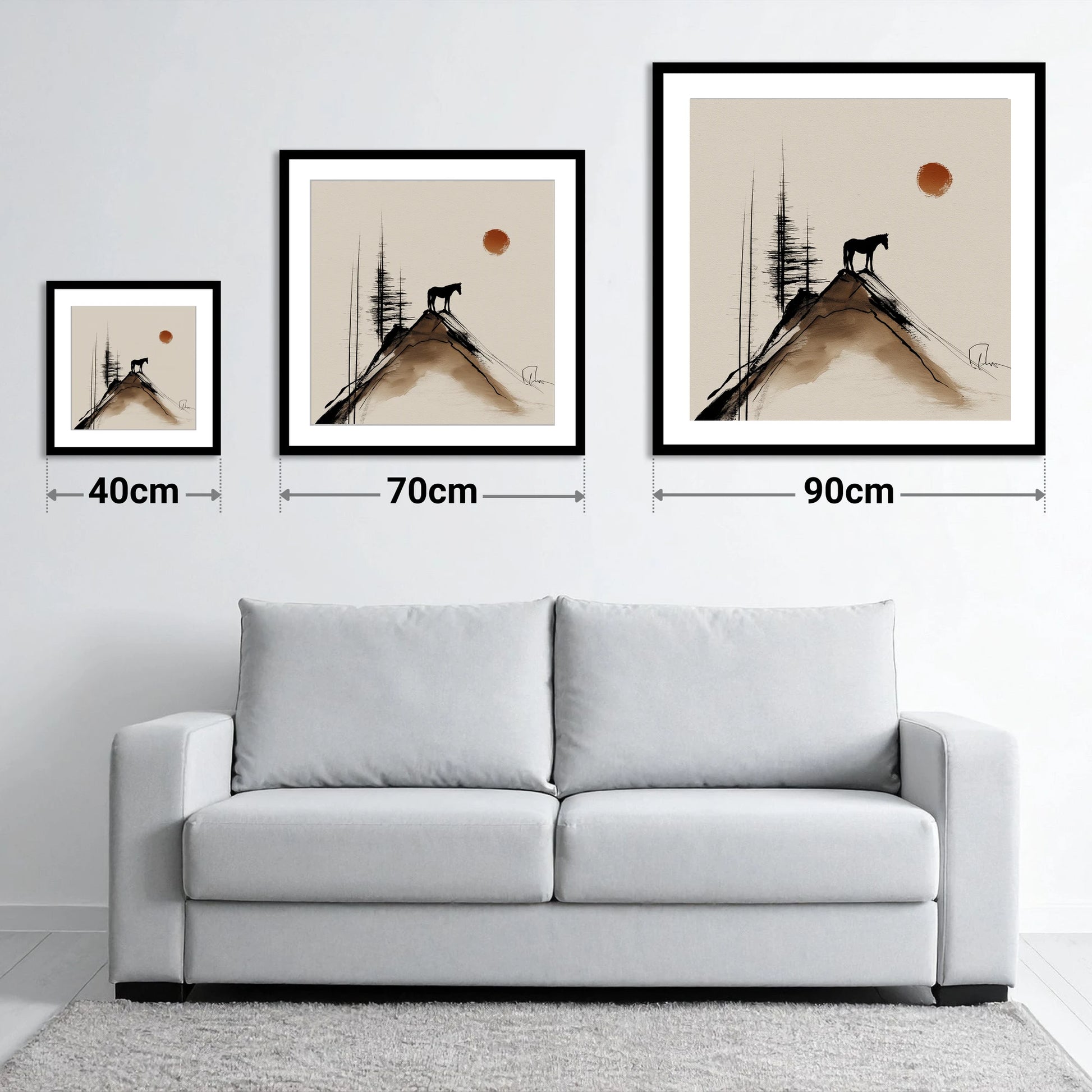 The Mountain Sentinel - size guide showing 40cm, 70cm and 90cm art prints