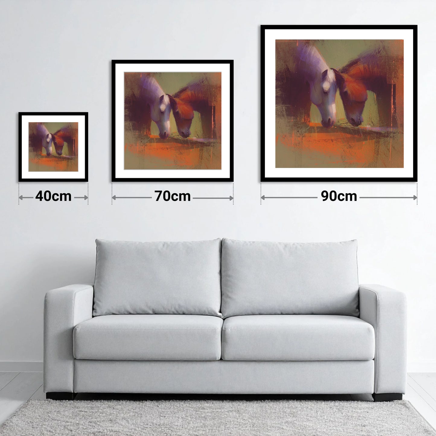 Sunlit Grazing Companions - size guide showing 40cm, 70cm and 90cm art prints
