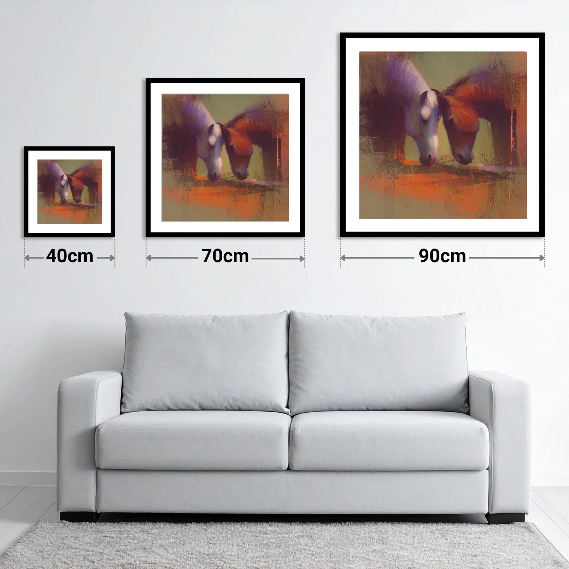 Sunlit Grazing Companions - size guide showing 40cm, 70cm and 90cm art prints