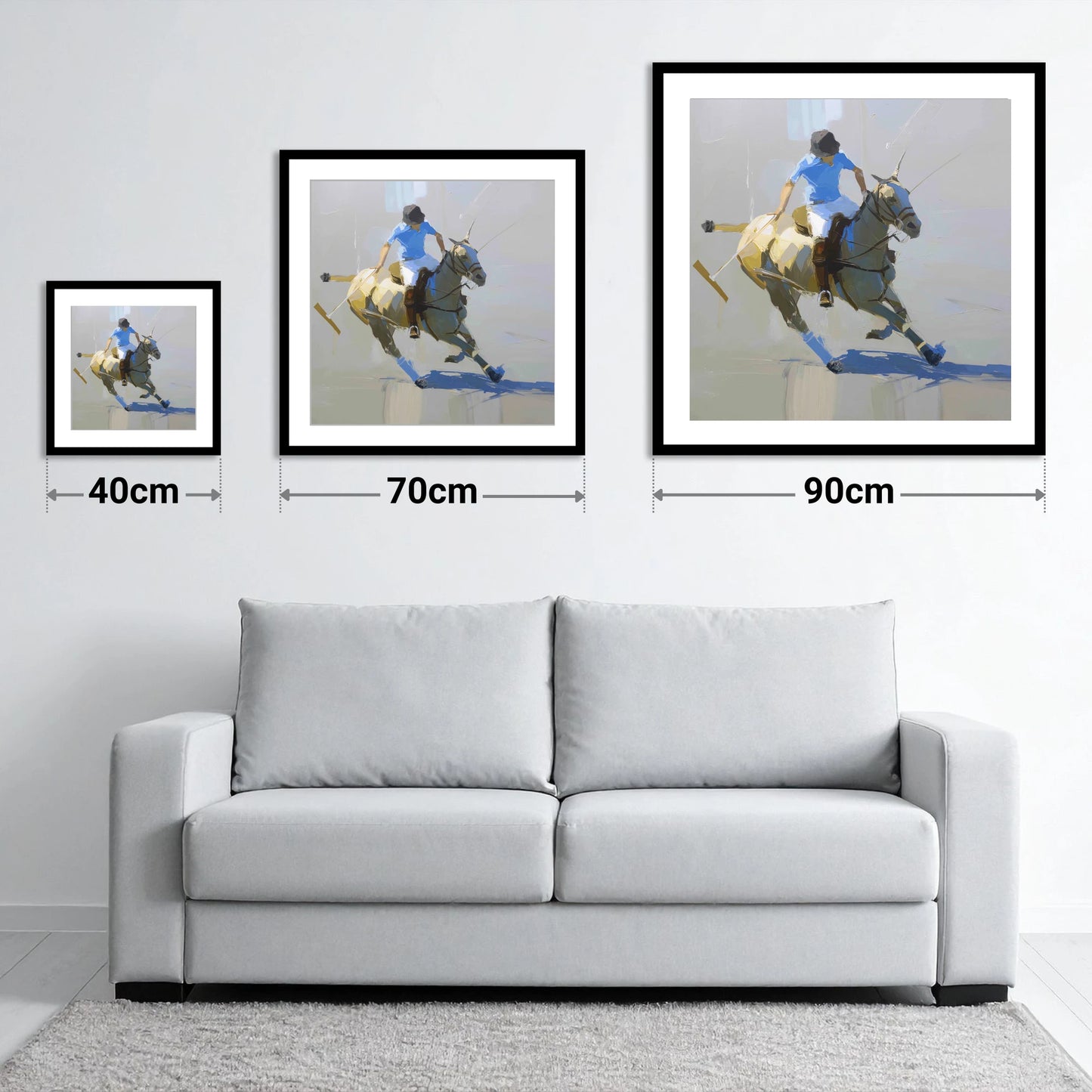 High Goal Pursuit - size guide showing 40cm, 70cm and 90cm art prints