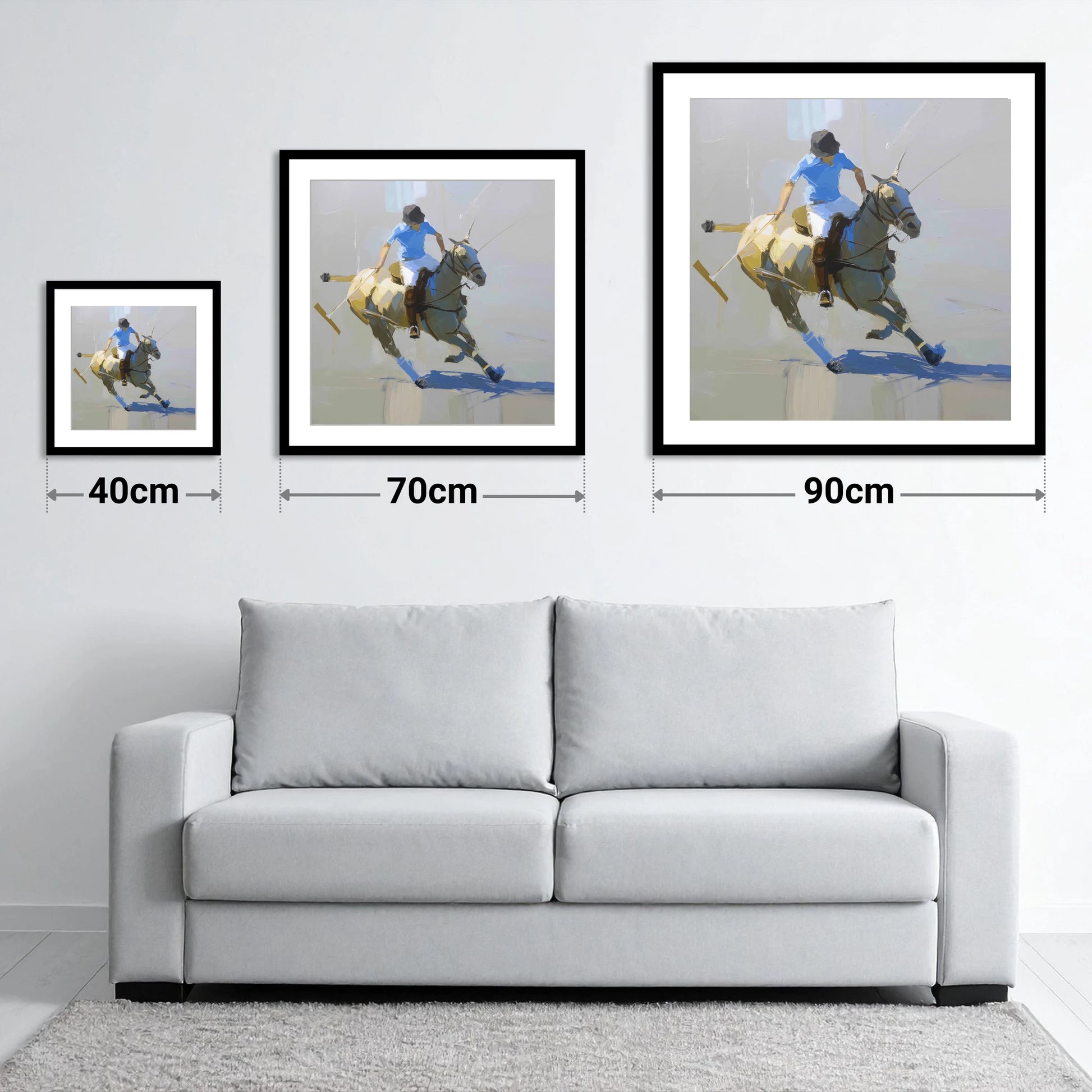High Goal Pursuit - size guide showing 40cm, 70cm and 90cm art prints