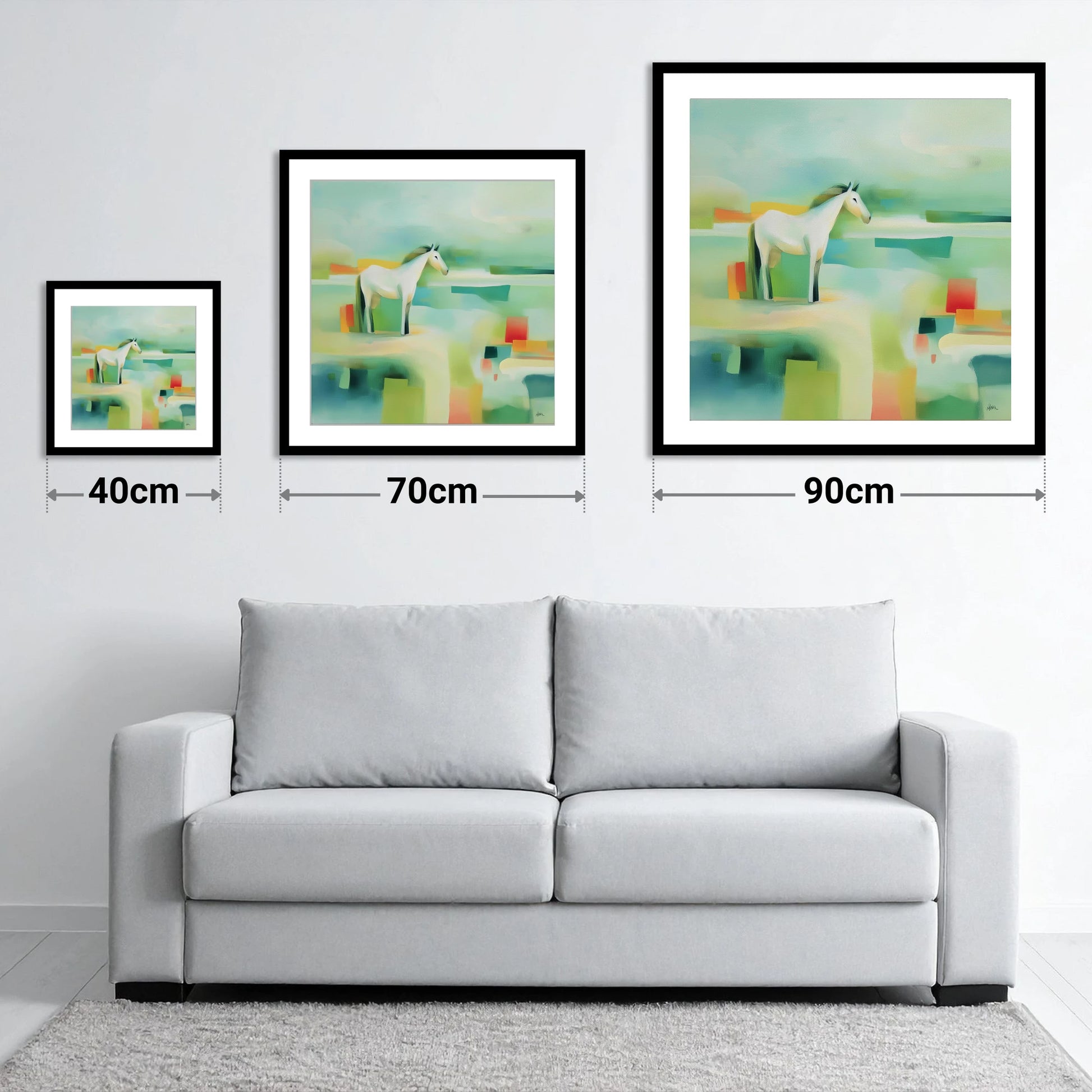 Abstract Grey Harmony - size guide showing 40cm, 70cm and 90cm art prints