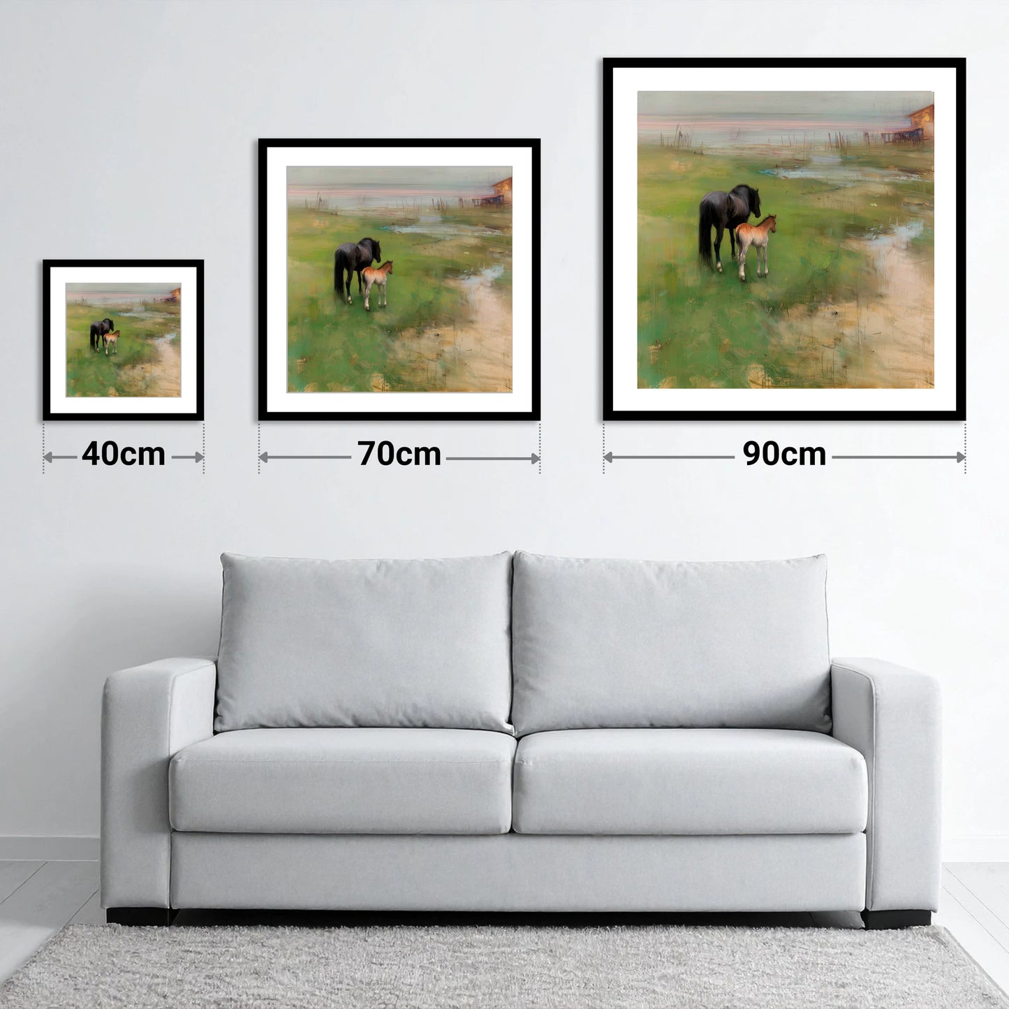 Morning on the Marsh - size guide showing 40cm, 70cm and 90cm art prints