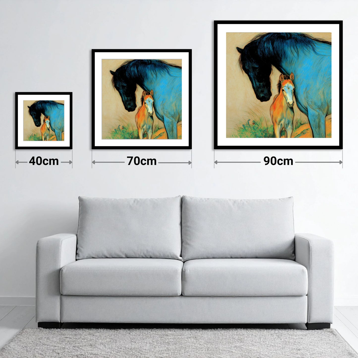 Vivid Devotion - size guide showing 40cm, 70cm and 90cm art prints