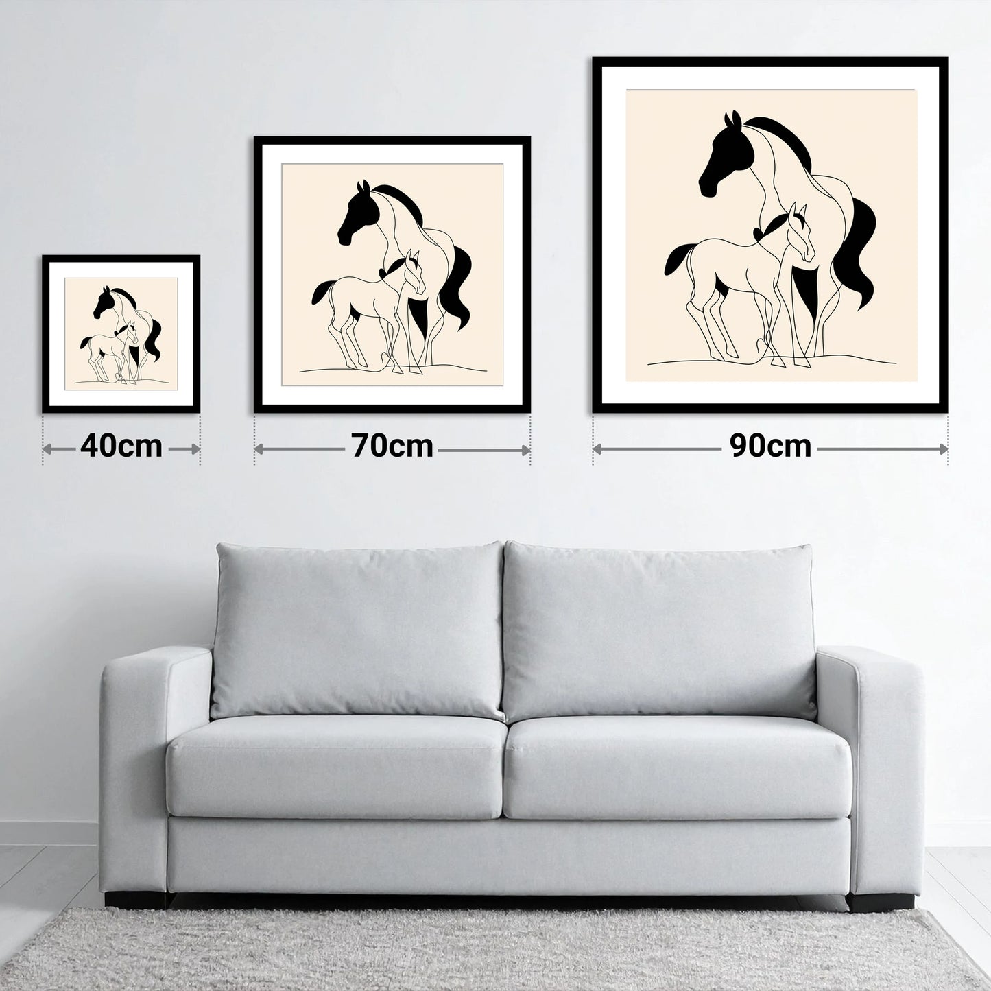 Tender Bond Line Art - size guide showing 40cm, 70cm and 90cm art prints