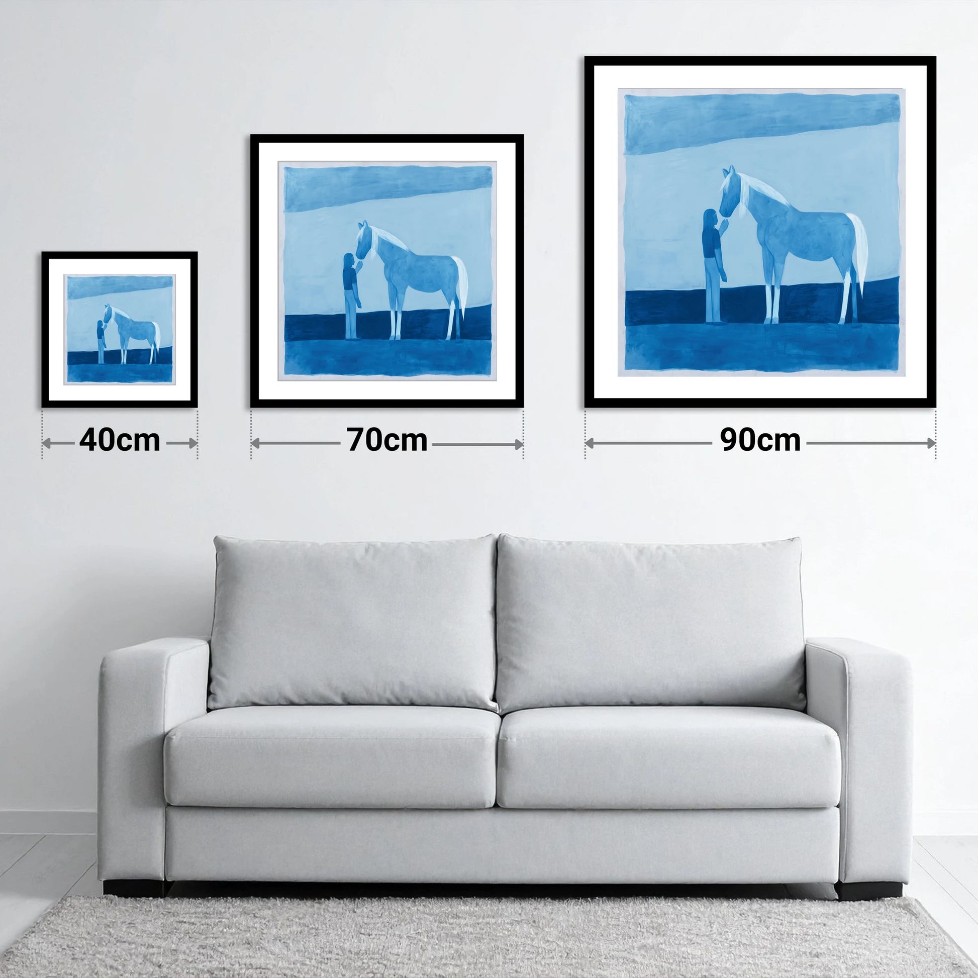 Cerulean Bond - size guide showing 40cm, 70cm and 90cm art prints