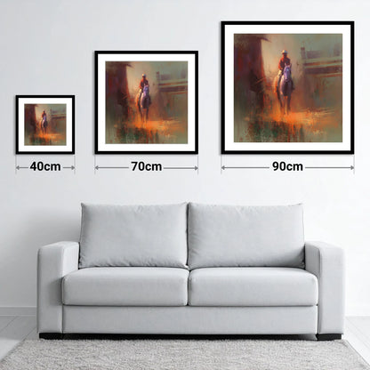 First Light Rider - size guide showing 40cm, 70cm and 90cm art prints