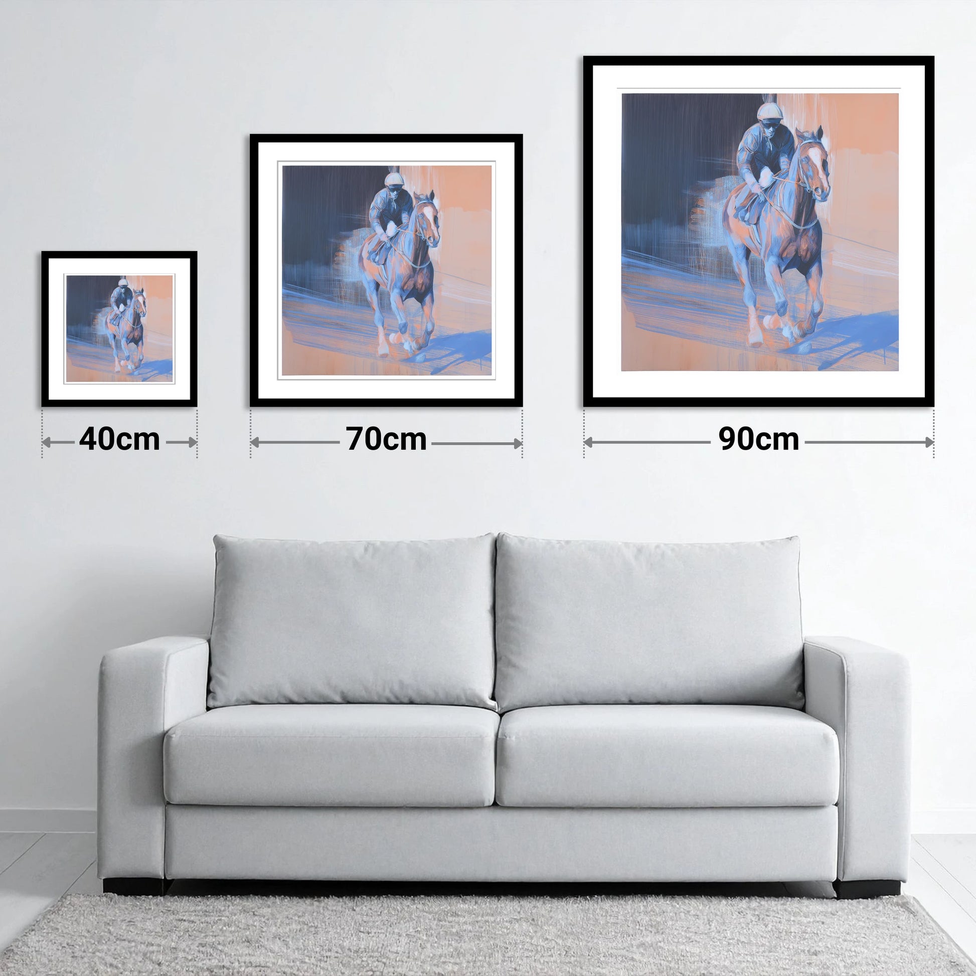 Shadows on the Track - size guide showing 40cm, 70cm and 90cm art prints