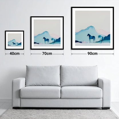 Azure Mountain Serenity - size guide showing 40cm, 70cm and 90cm art prints