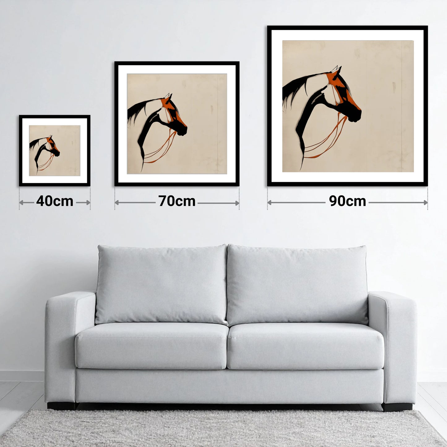 Rust and Ink Silhouette - size guide showing 40cm, 70cm and 90cm art prints