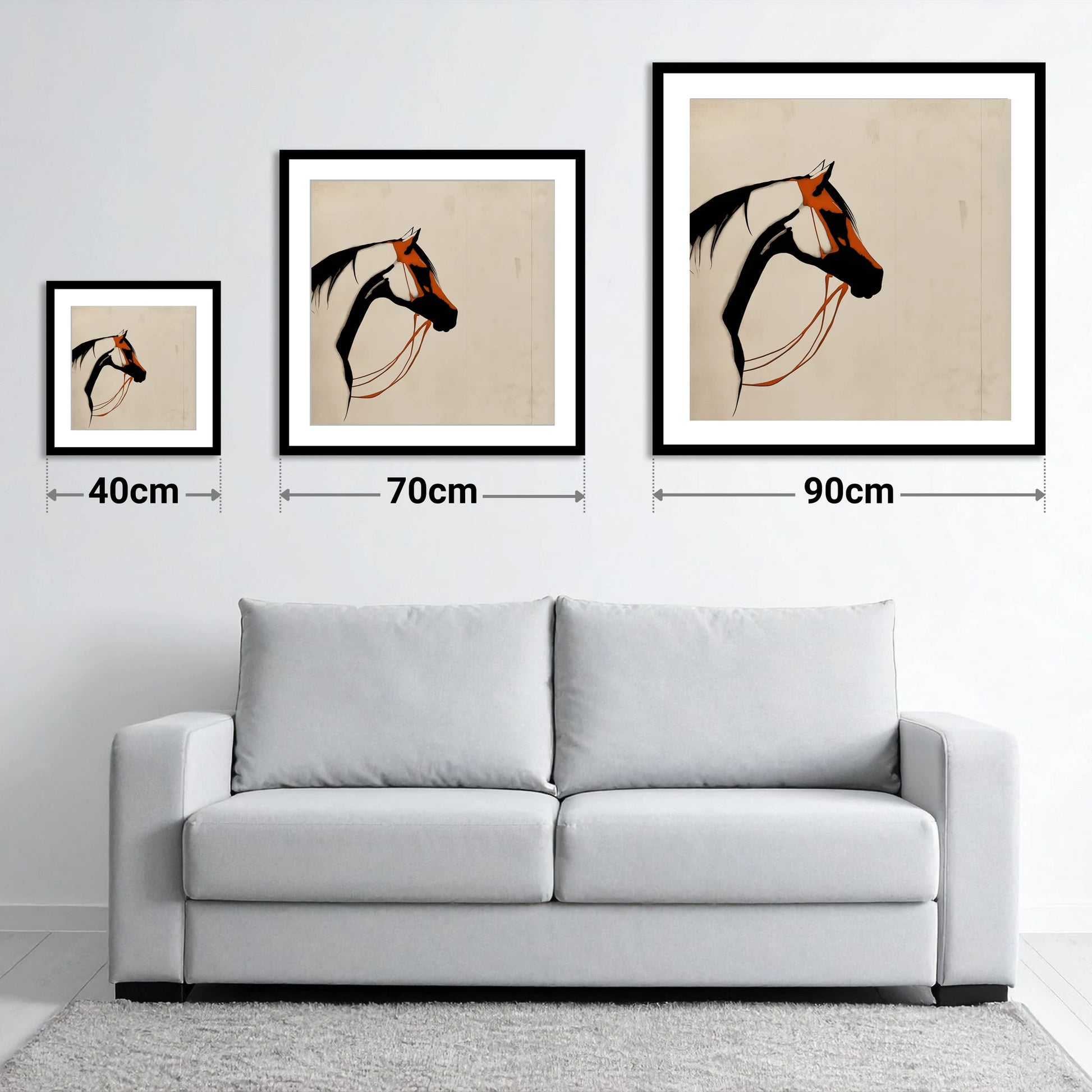 Rust and Ink Silhouette - size guide showing 40cm, 70cm and 90cm art prints