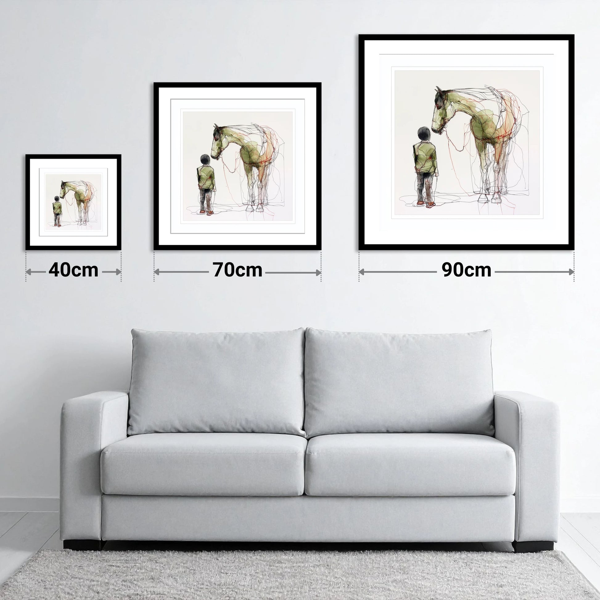 Threads of Connection - size guide showing 40cm, 70cm and 90cm art prints