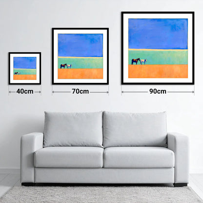Sunlit Plain - size guide showing 40cm, 70cm and 90cm art prints