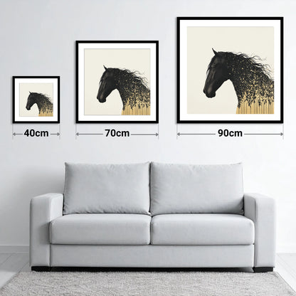 Gilded Midnight Equine - size guide showing 40cm, 70cm and 90cm art prints