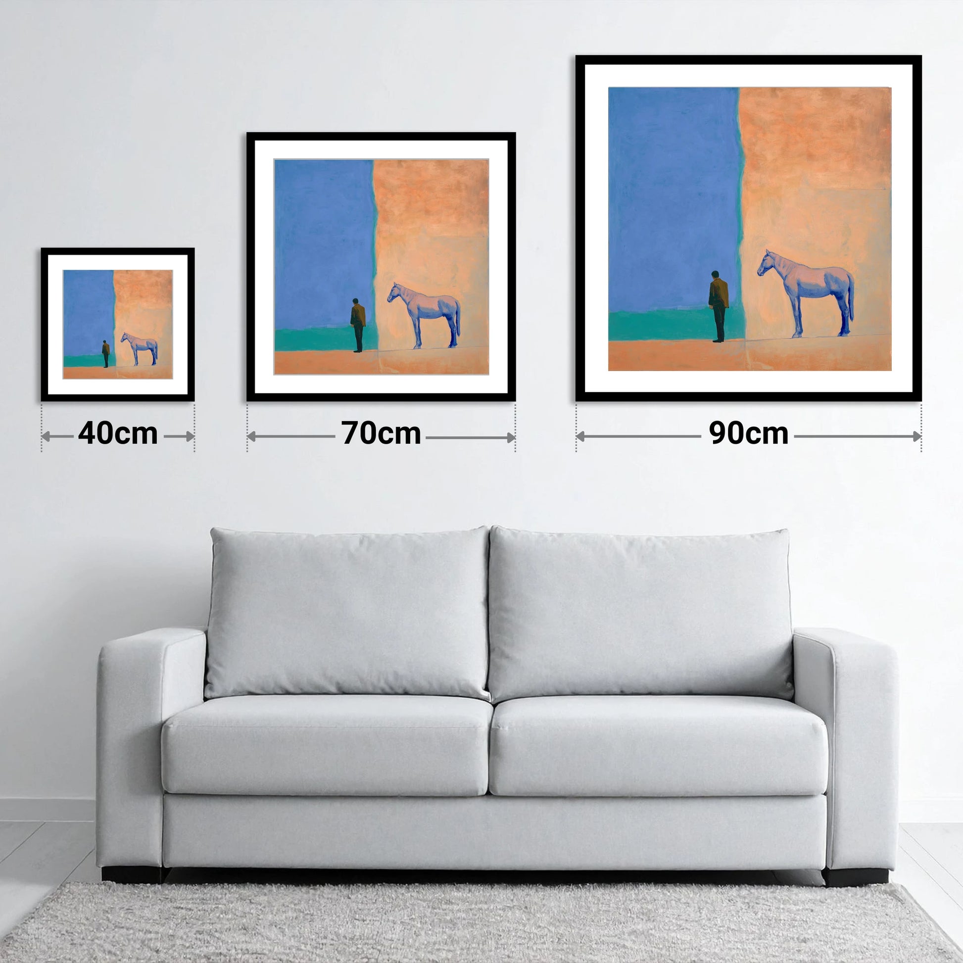 Between Blue and Sand - size guide showing 40cm, 70cm and 90cm art prints
