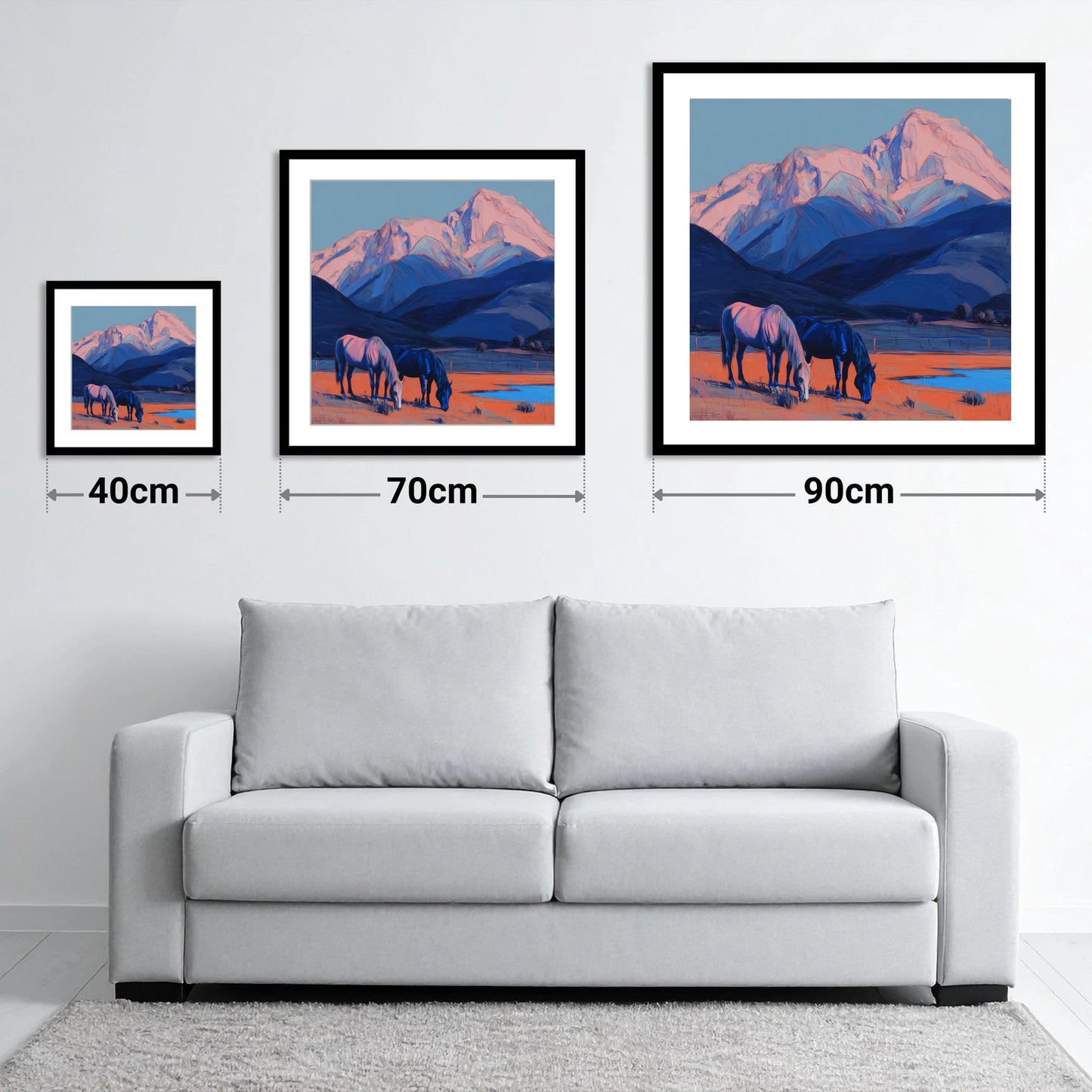 Indigo Mountain Pastures - size guide showing 40cm, 70cm and 90cm art prints