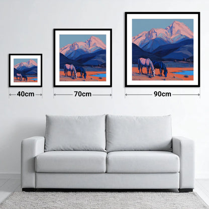 Indigo Mountain Pastures - size guide showing 40cm, 70cm and 90cm art prints