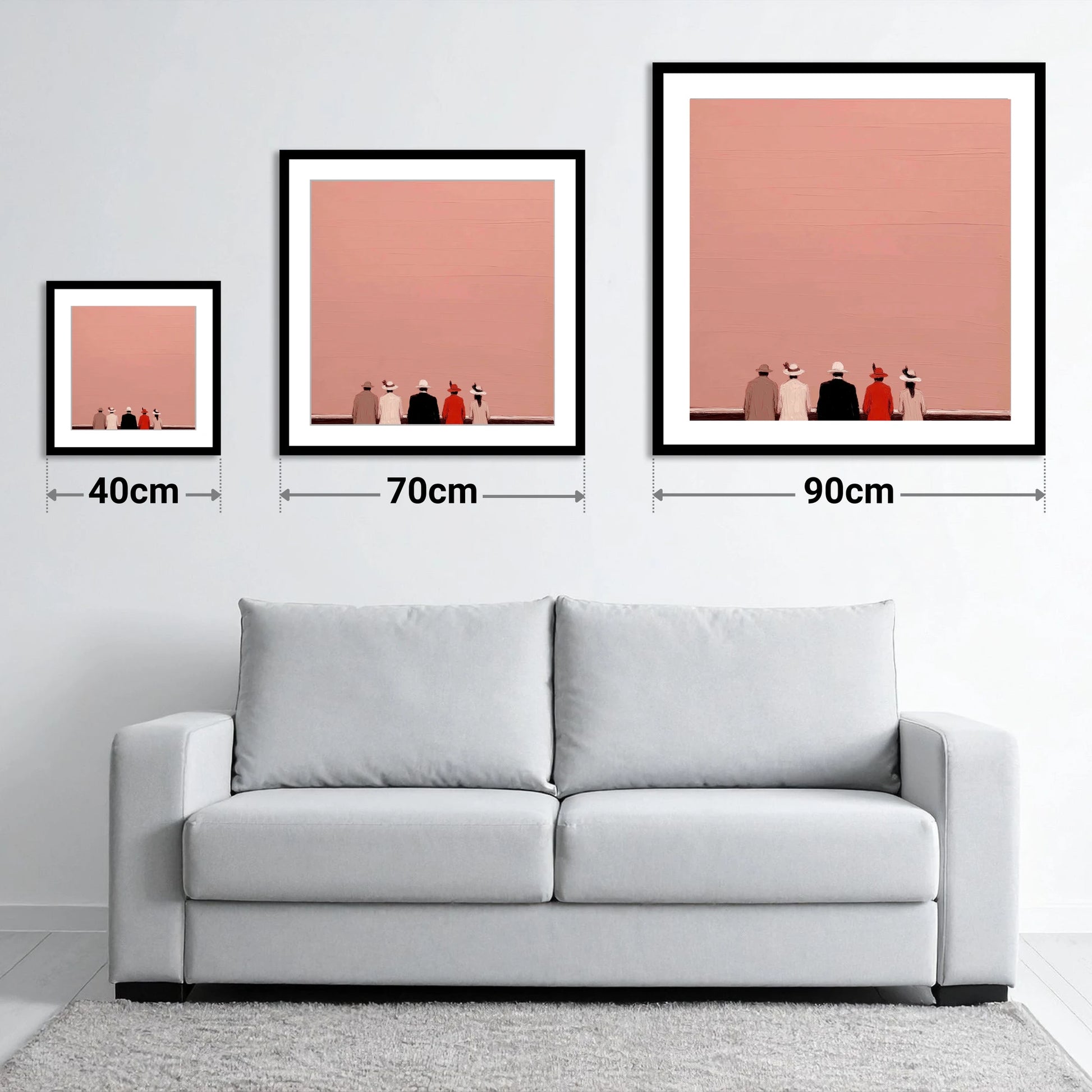 Anticipation at the Rails - size guide showing 40cm, 70cm and 90cm art prints
