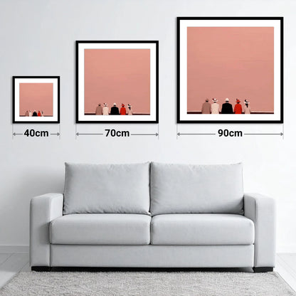 Anticipation at the Rails - size guide showing 40cm, 70cm and 90cm art prints
