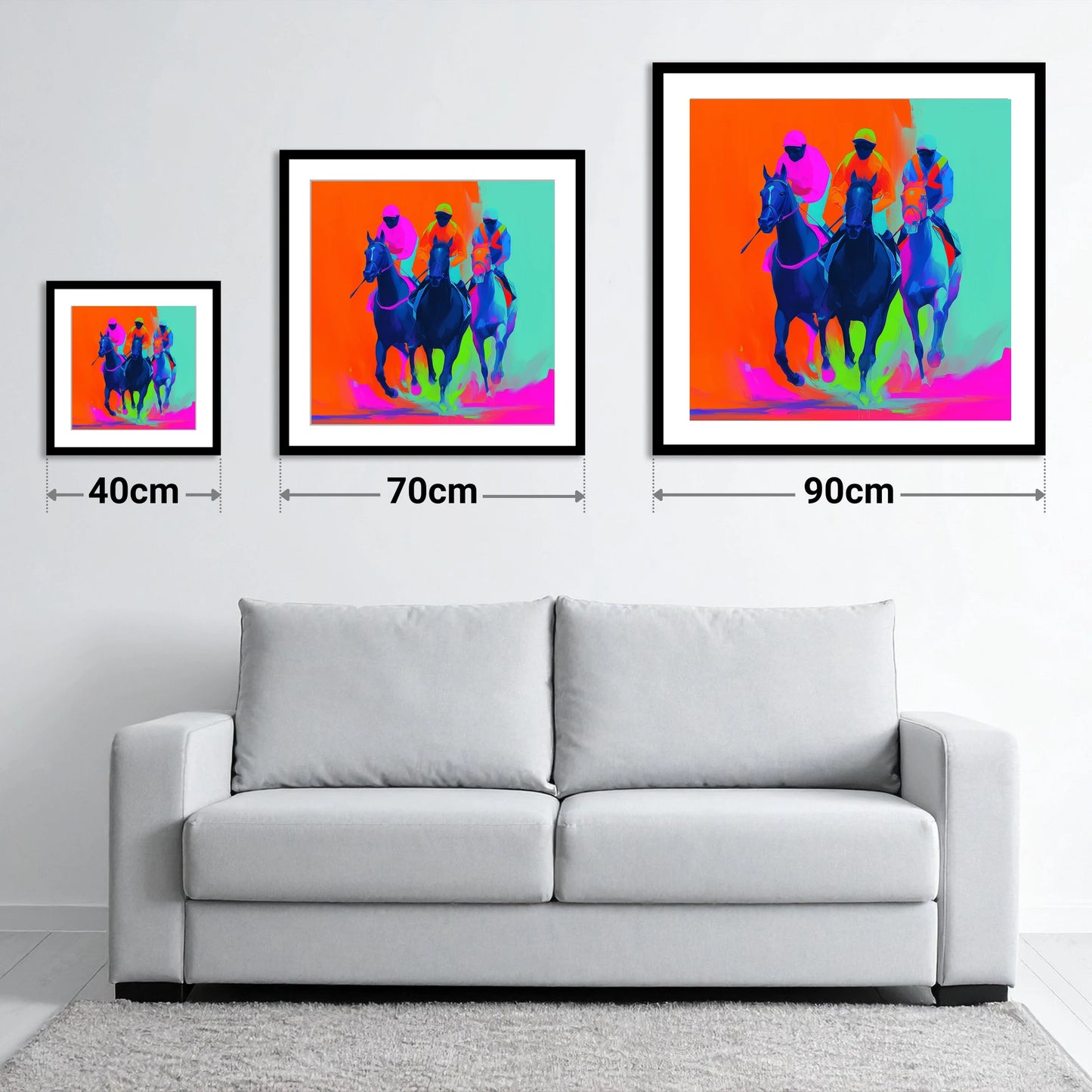 Neon Final Furlong - size guide showing 40cm, 70cm and 90cm art prints