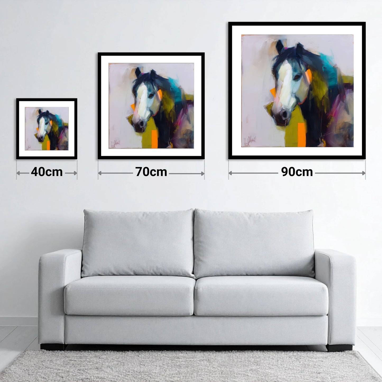 Contemporary Blaze Portrait - size guide showing 40cm, 70cm and 90cm art prints