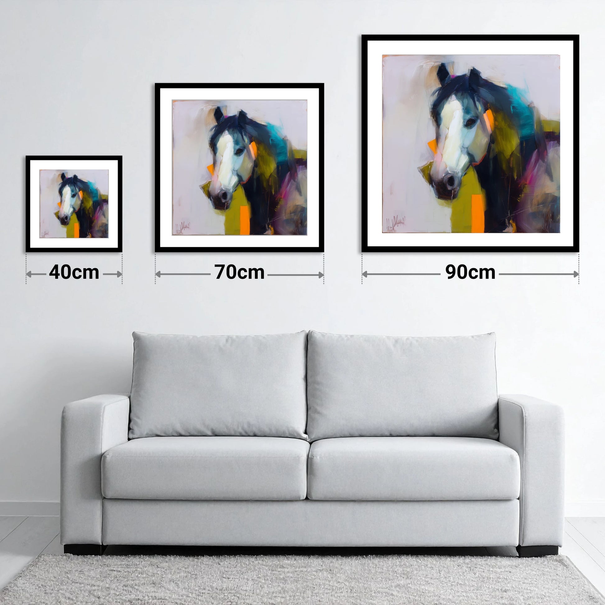 Contemporary Blaze Portrait - size guide showing 40cm, 70cm and 90cm art prints