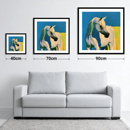 Sunlit Grey Arabian Horse - size guide showing 40cm, 70cm and 90cm art prints