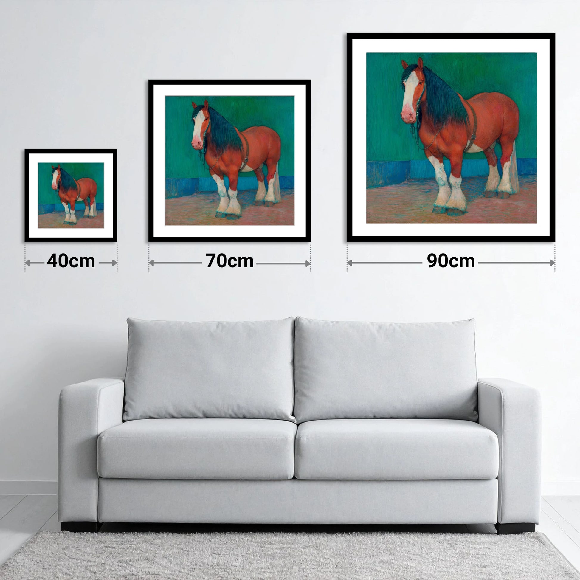 Vibrant Heavy Horse - size guide showing 40cm, 70cm and 90cm art prints