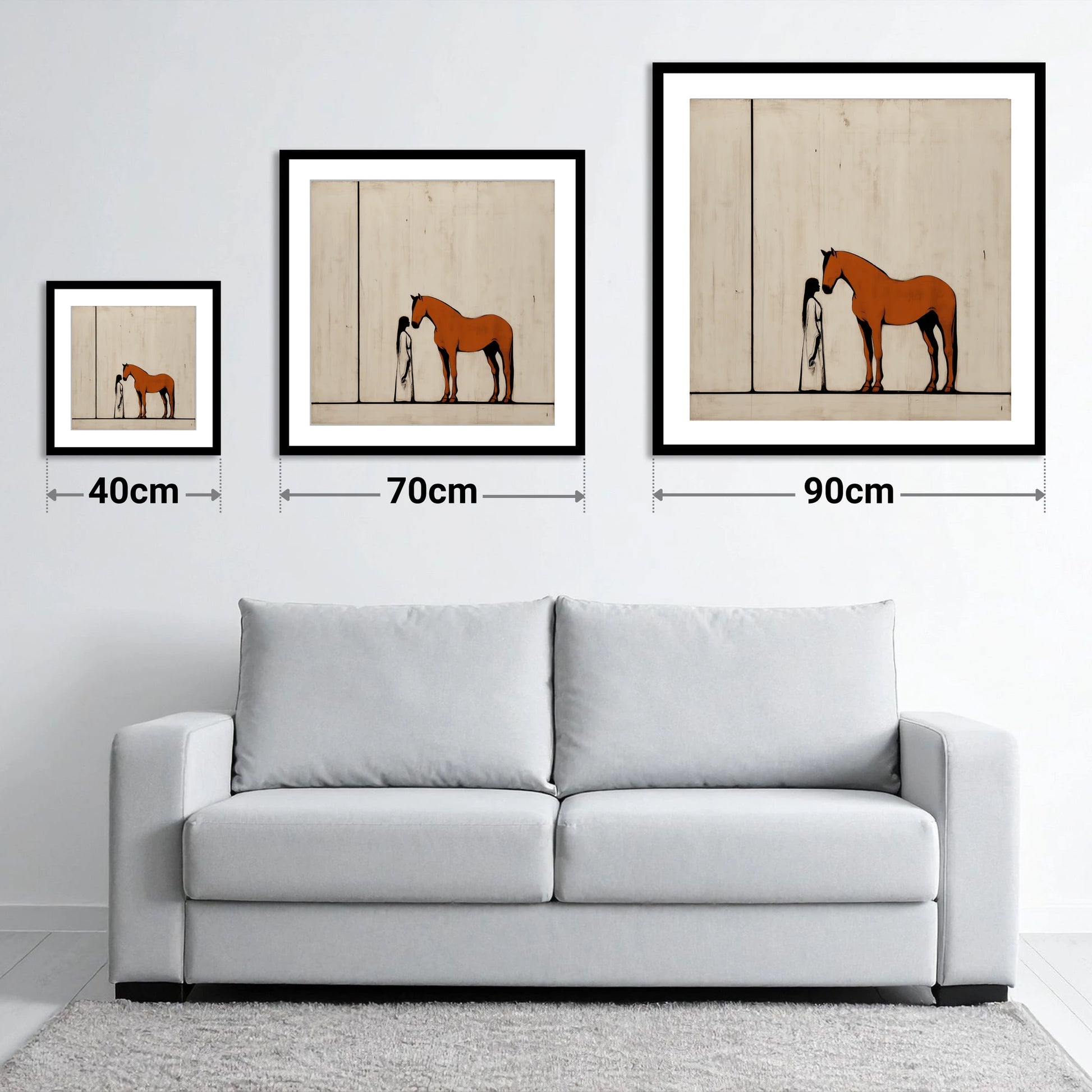 Shared Silence - size guide showing 40cm, 70cm and 90cm art prints