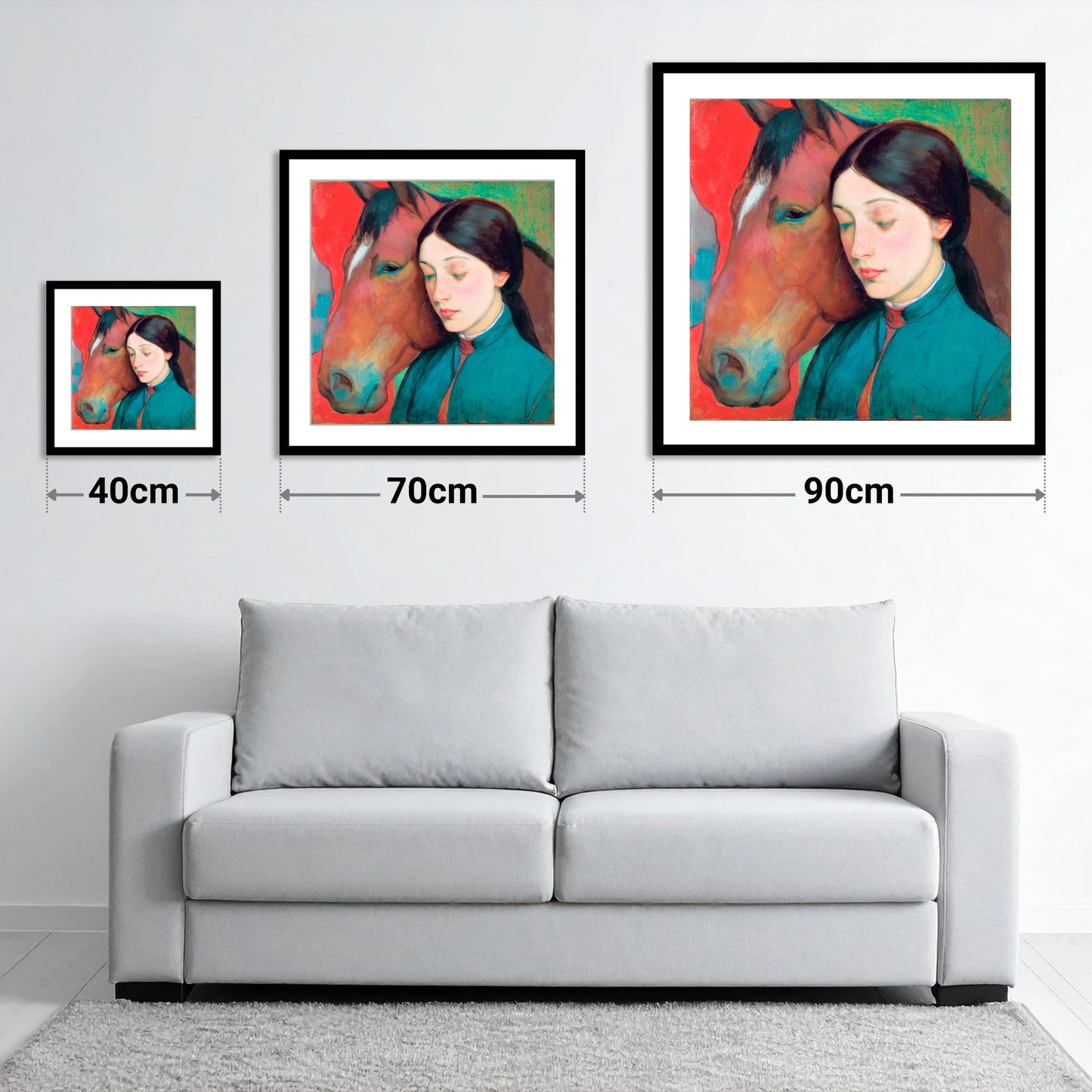 Silent Devotion - size guide showing 40cm, 70cm and 90cm art prints