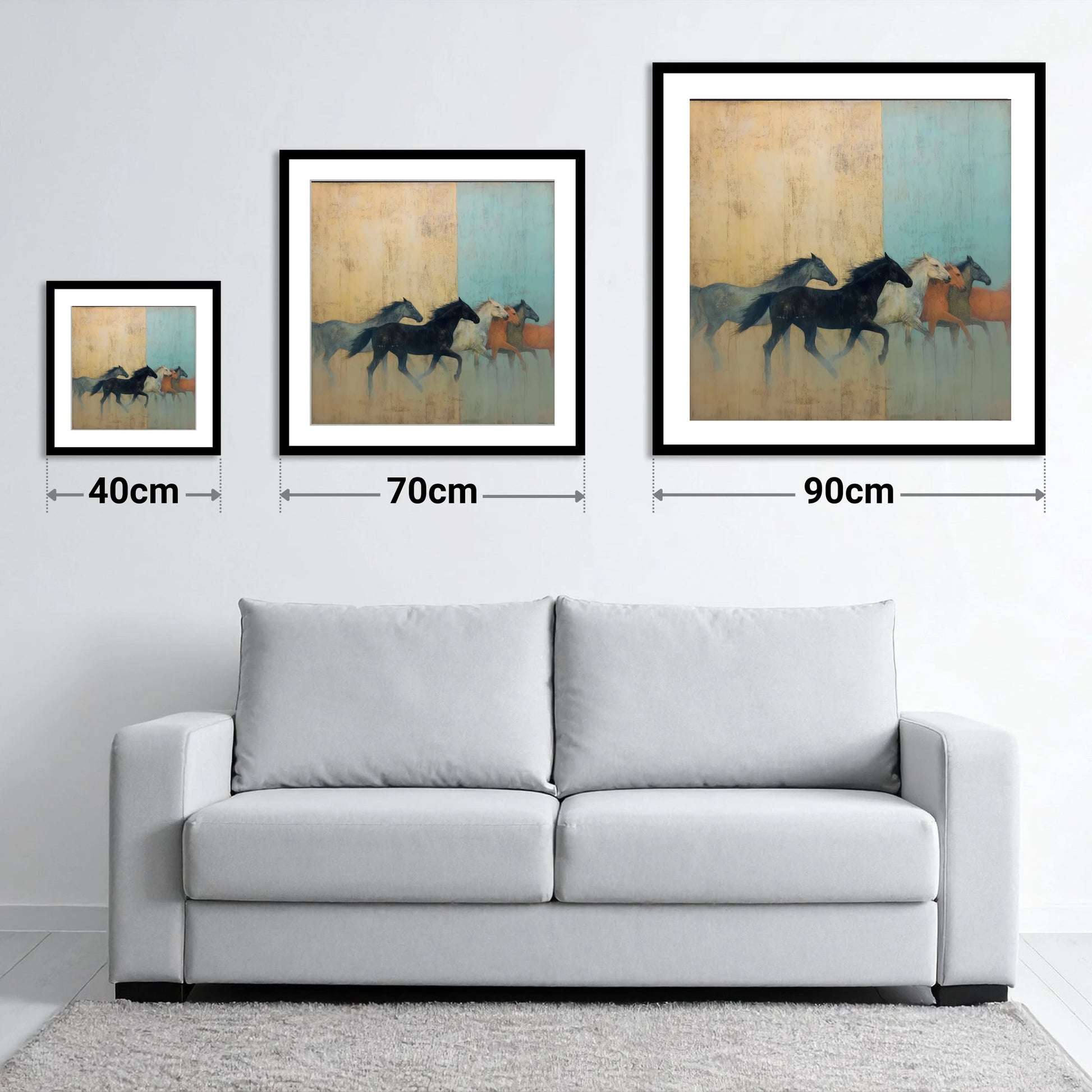 Ethereal Ochre Herd - size guide showing 40cm, 70cm and 90cm art prints