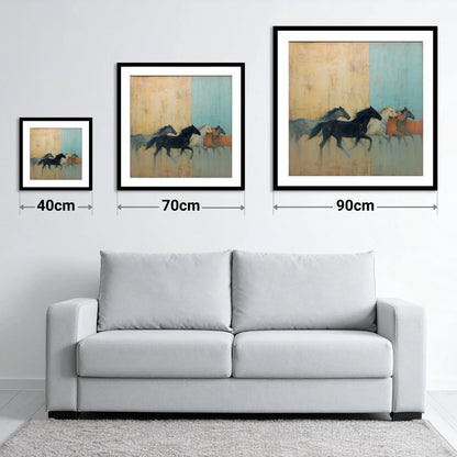 Ethereal Ochre Herd - size guide showing 40cm, 70cm and 90cm art prints