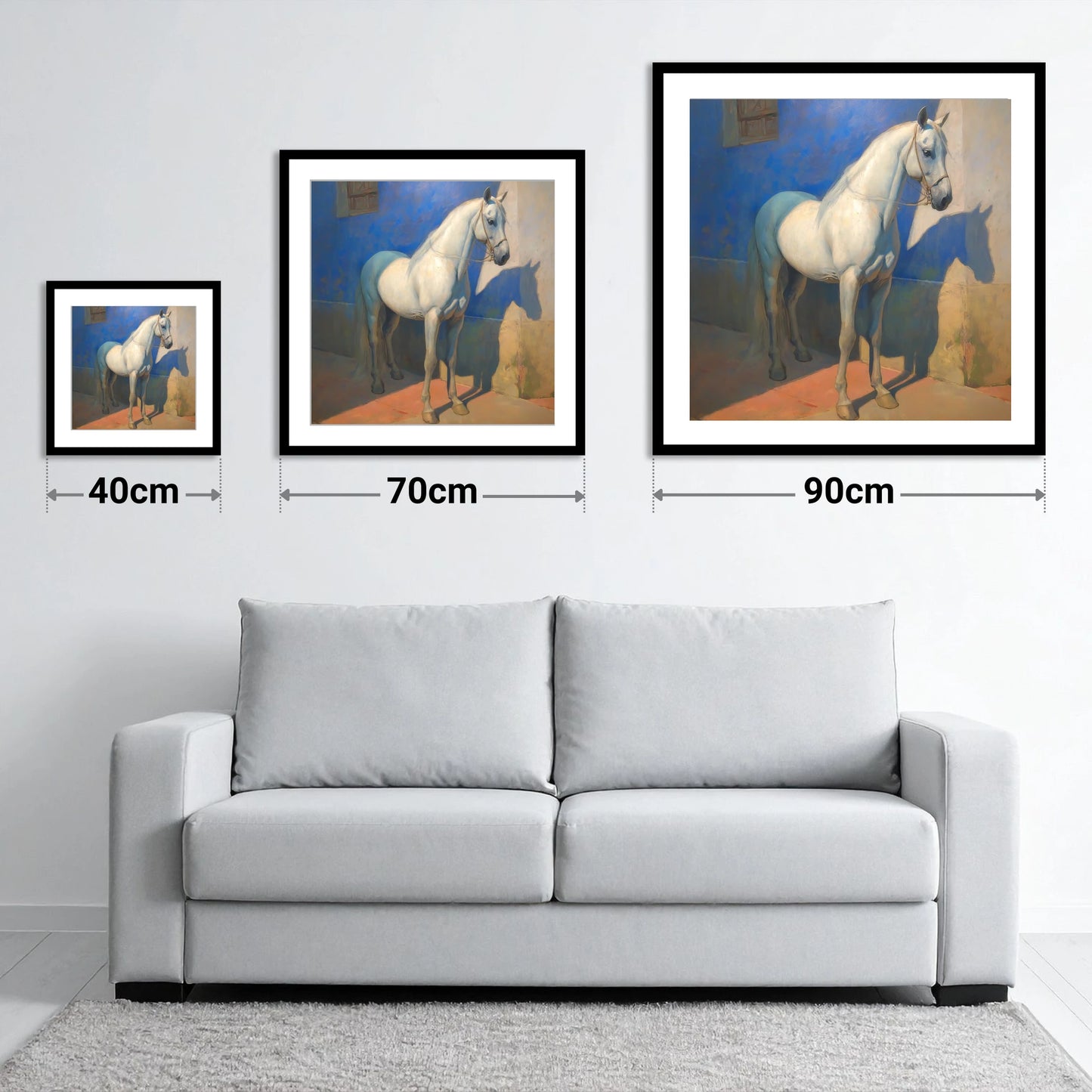 The Azure Courtyard - size guide showing 40cm, 70cm and 90cm art prints