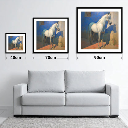 The Azure Courtyard - size guide showing 40cm, 70cm and 90cm art prints