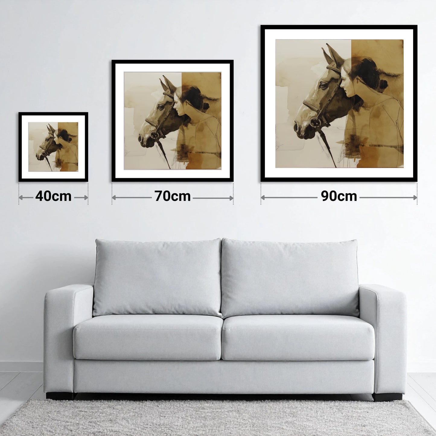 Quiet Connection - size guide showing 40cm, 70cm and 90cm art prints