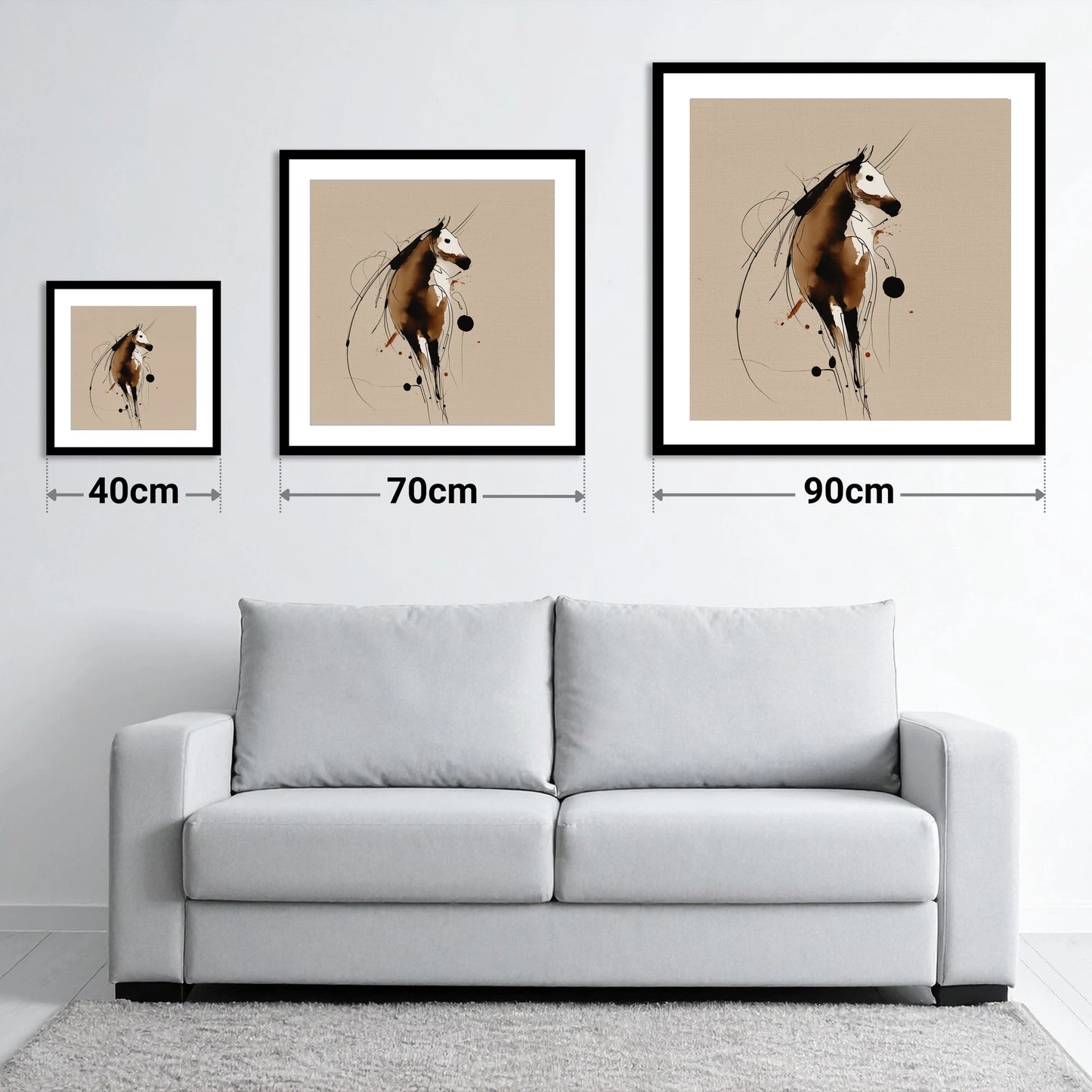 Fluid Ink Profile - size guide showing 40cm, 70cm and 90cm art prints