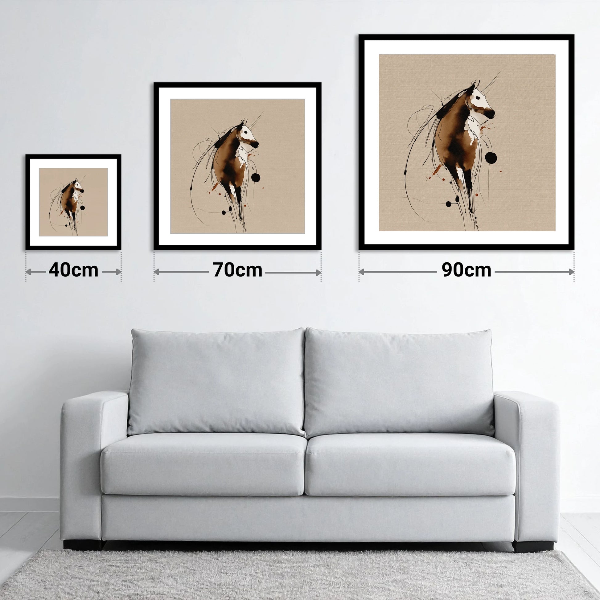 Fluid Ink Profile - size guide showing 40cm, 70cm and 90cm art prints