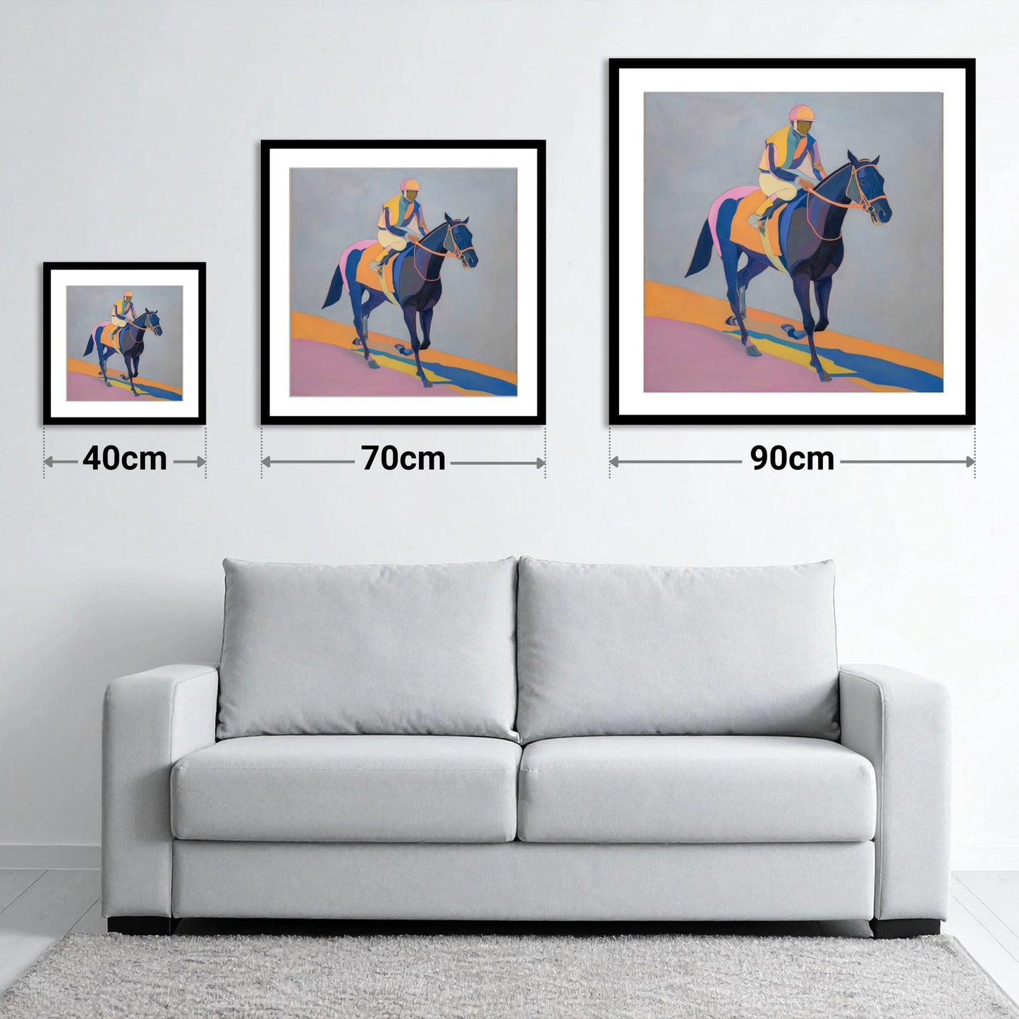 Colours To The Post - size guide showing 40cm, 70cm and 90cm art prints