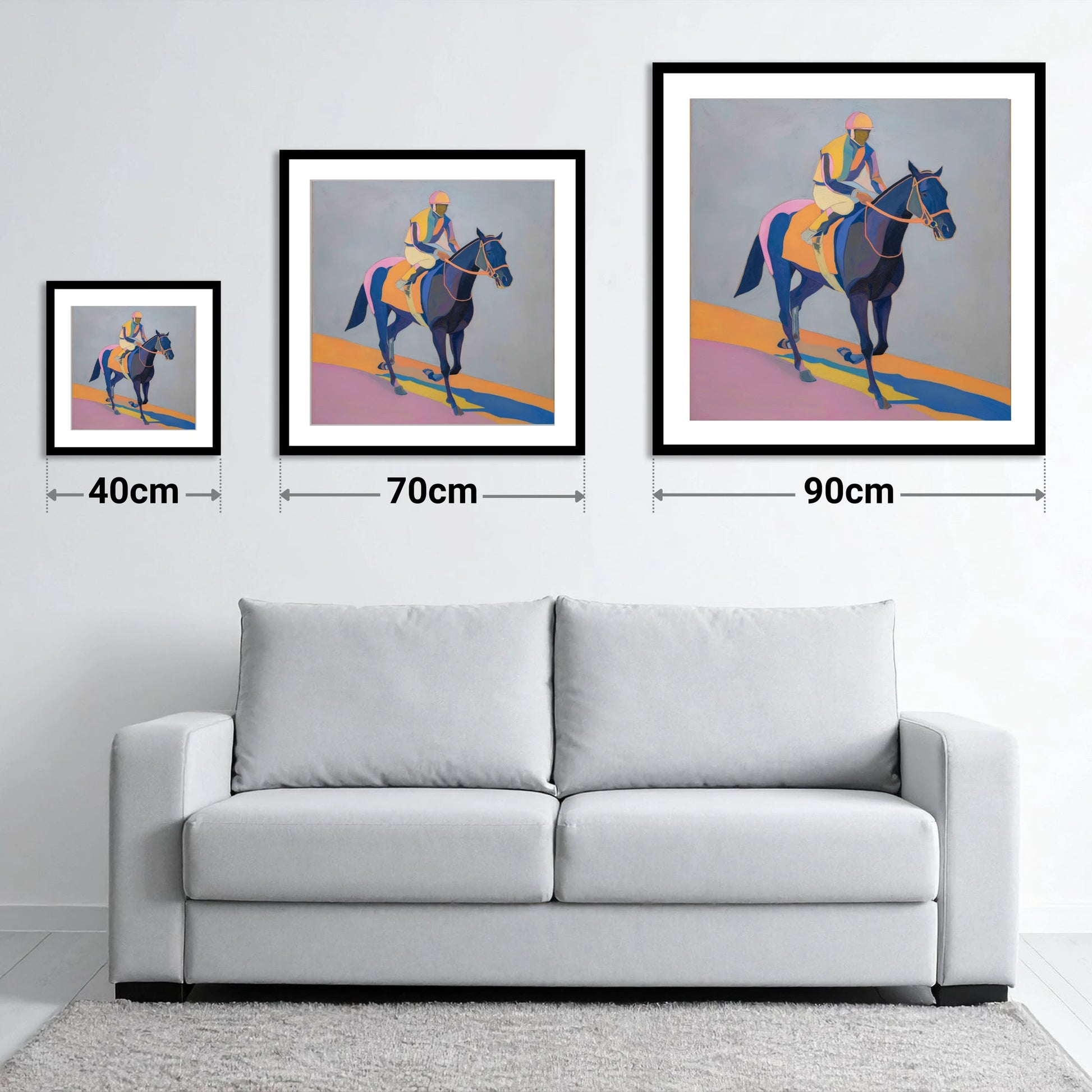 Colours To The Post - size guide showing 40cm, 70cm and 90cm art prints