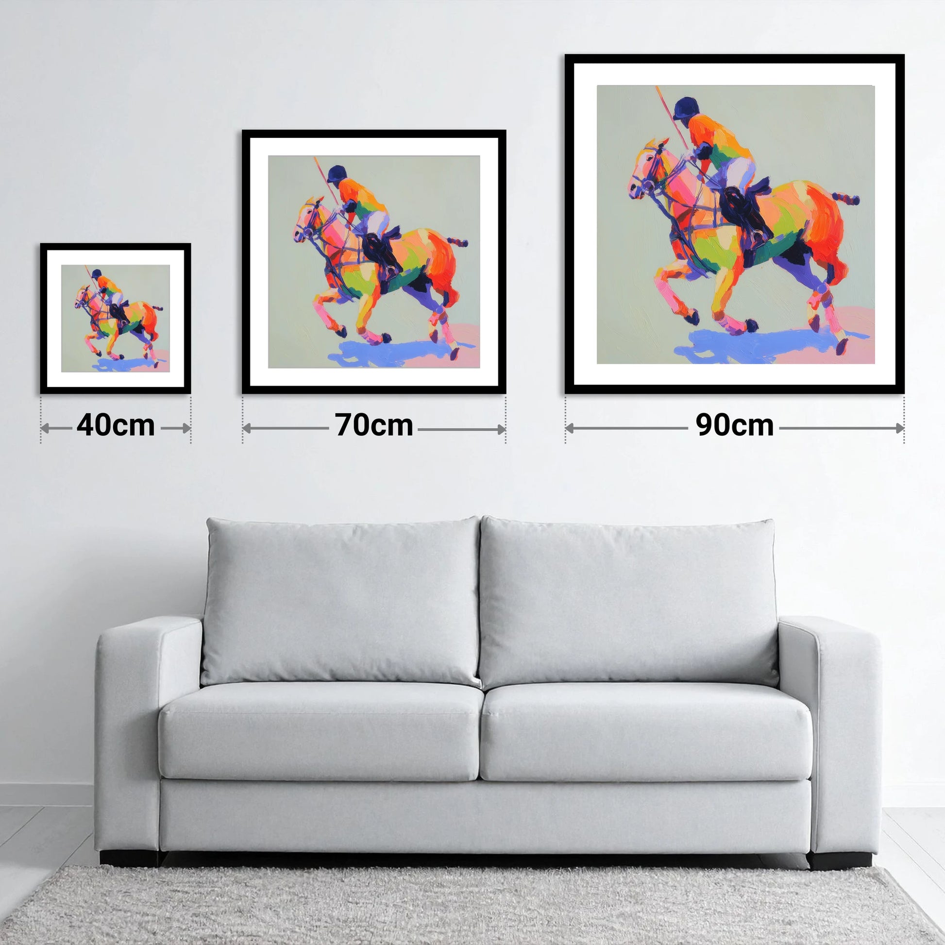Technicolour Polo Stride - size guide showing 40cm, 70cm and 90cm art prints