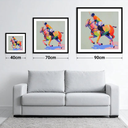 Technicolour Polo Stride - size guide showing 40cm, 70cm and 90cm art prints