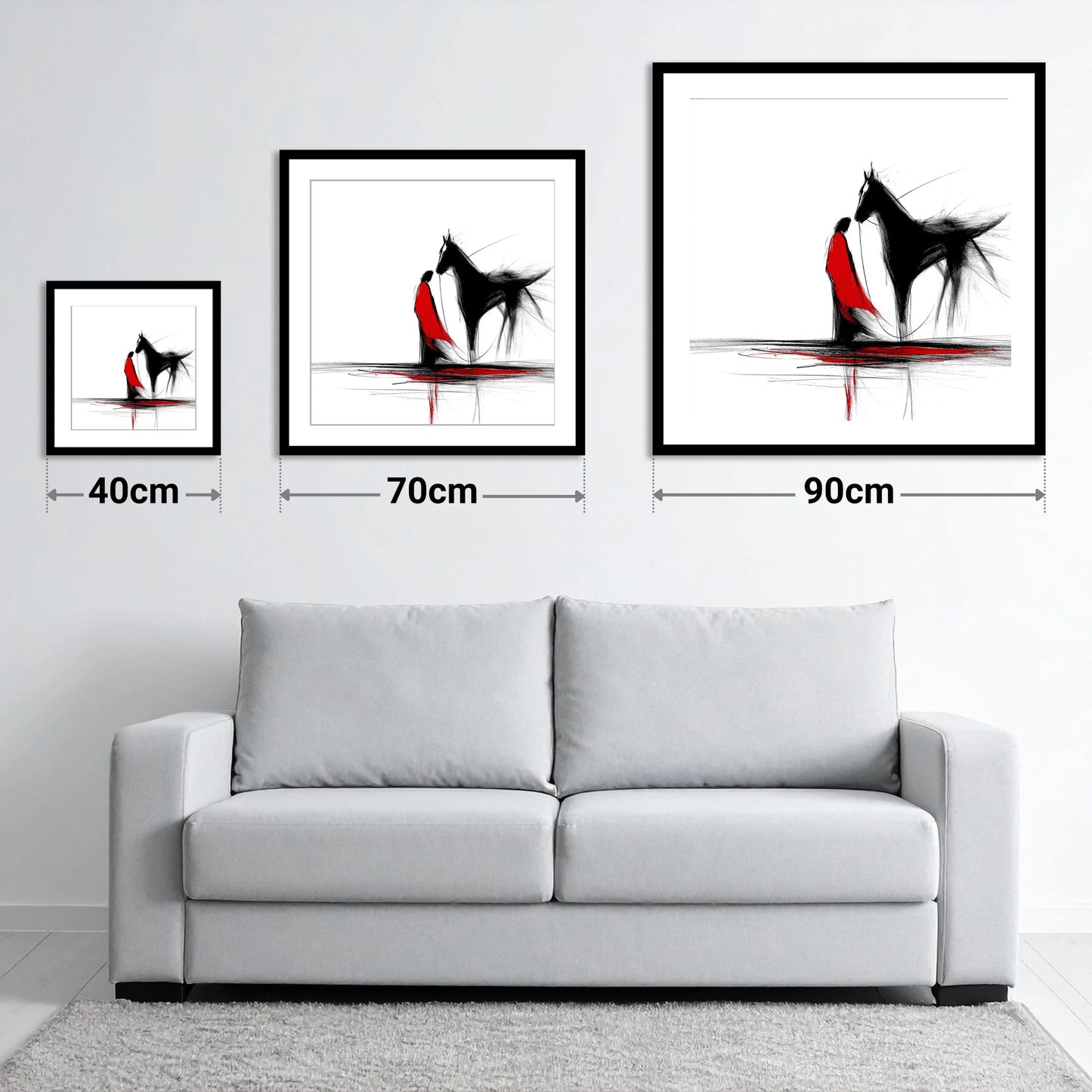 Crimson Connection - size guide showing 40cm, 70cm and 90cm art prints