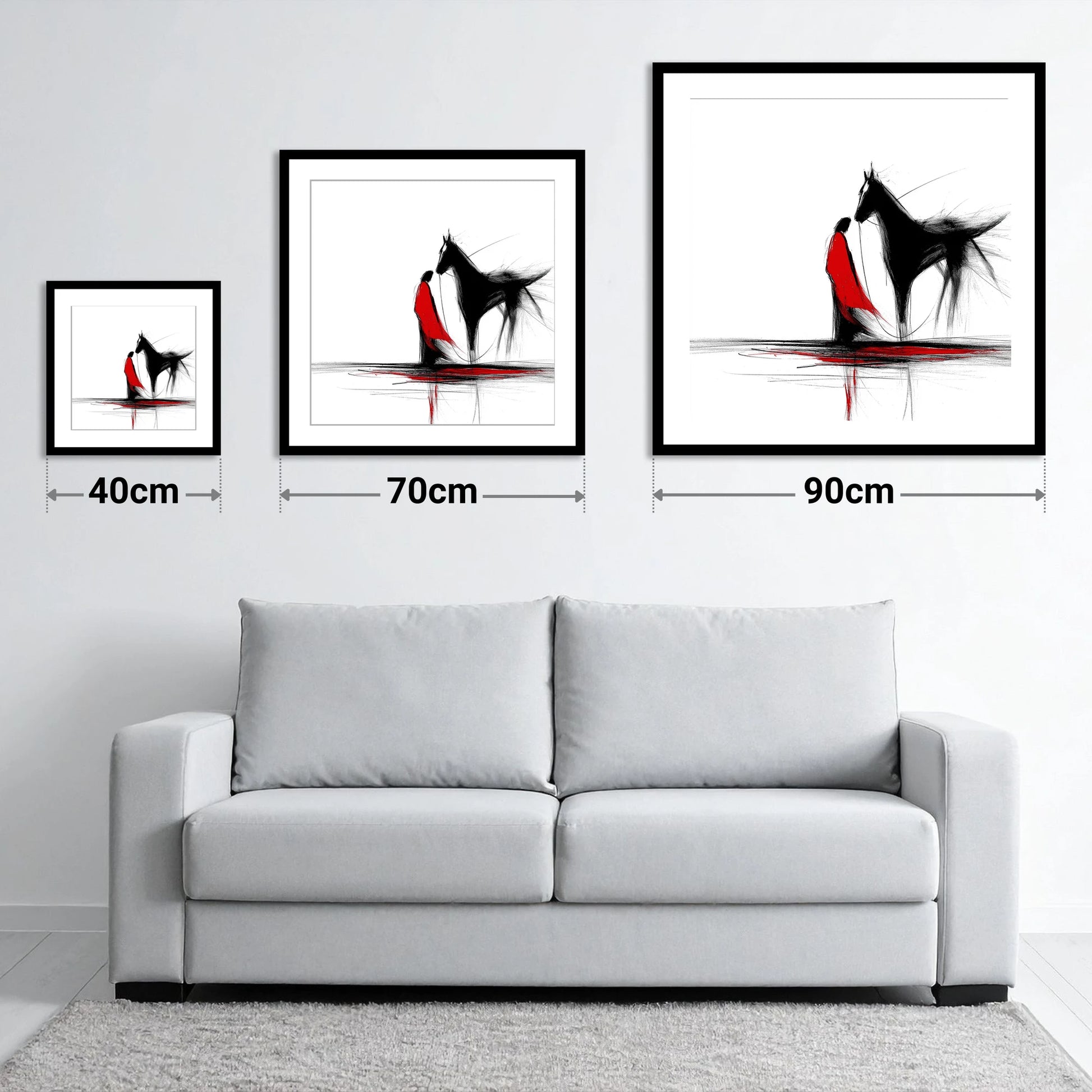 Crimson Connection - size guide showing 40cm, 70cm and 90cm art prints
