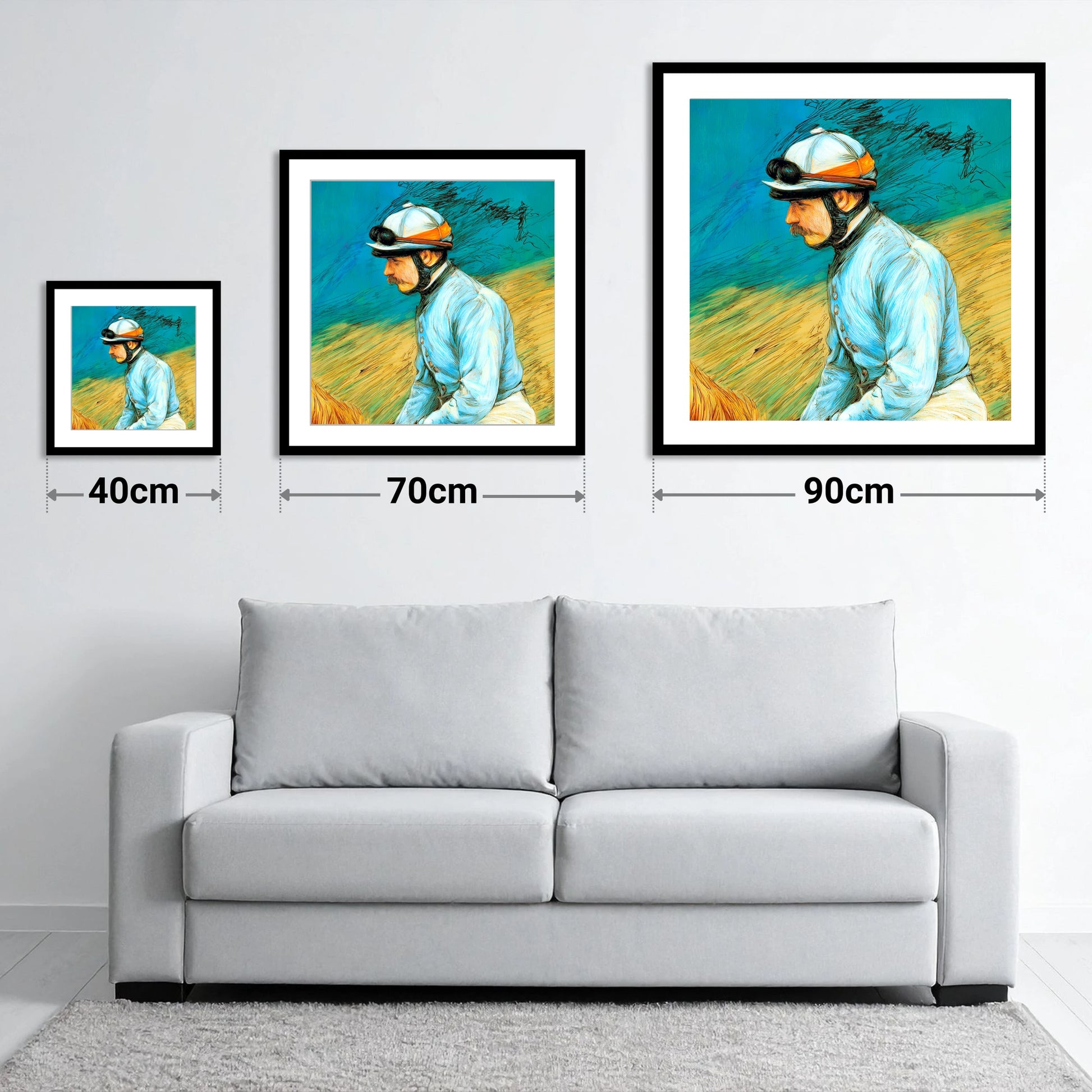 The Cerulean Silks - size guide showing 40cm, 70cm and 90cm art prints