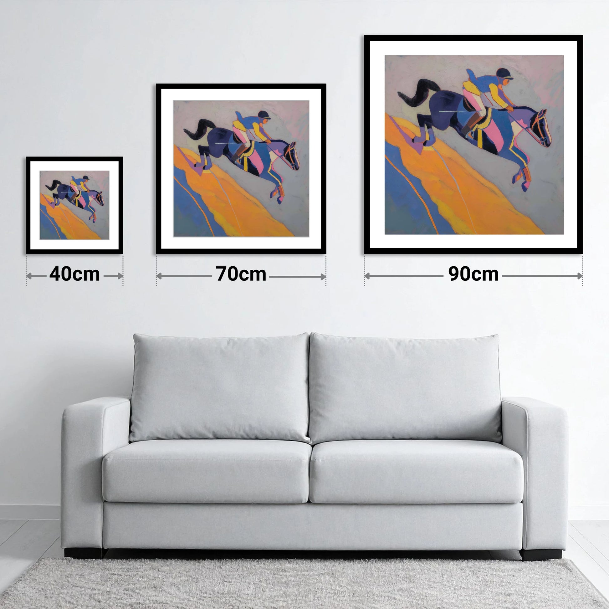 Vibrant Mid-Air Leap - size guide showing 40cm, 70cm and 90cm art prints